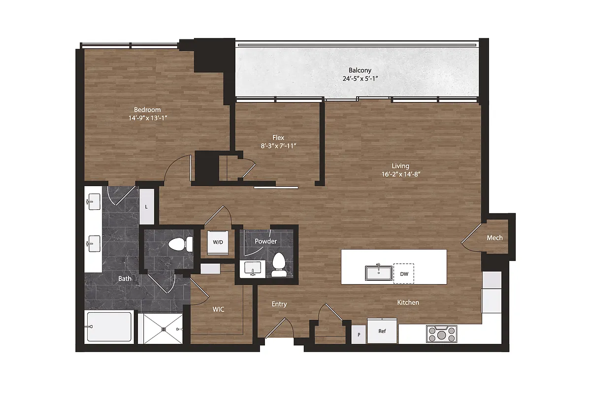 Floor plan 1 Bedroom Plus Den, 1.5 Bath