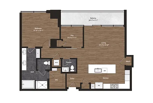 Floor plan 1 Bedroom Plus Den, 1.5 Bath