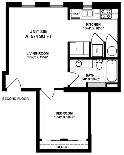 Floor plan 1 Bedroom 1 Bath - Unit 305