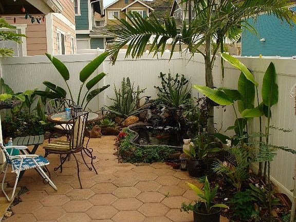 Landscaped back with koi pond