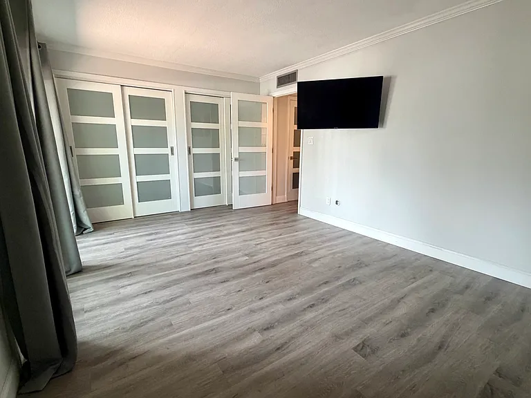 Primary bedroom closets and mounted TV