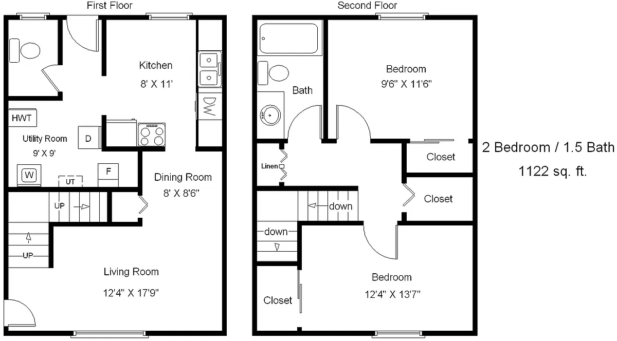 Floor plan 2 Bed, 1.5 Bath Townhome