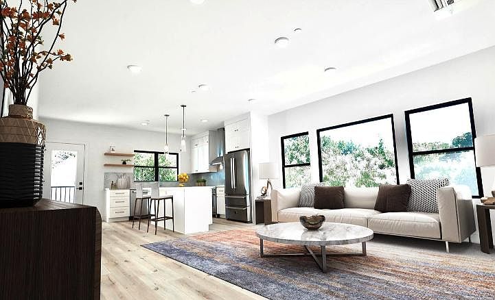 Open living, kitchen, dining with island (example furnishings)
