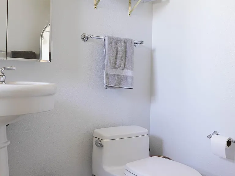 primary bathroom with modern marble shelving and penny-tile flooring