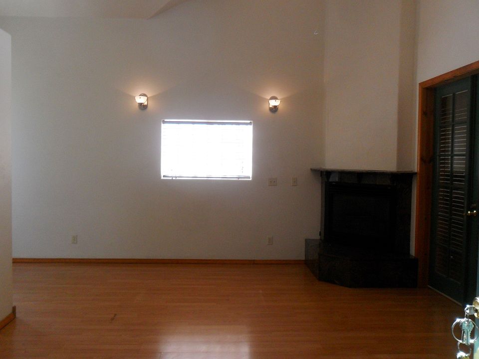 Gas fireplace in the living room. The laundry area is to the left and the main bedroom is to the right in this photo.