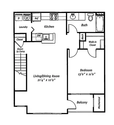 Floor plan 1 Bed/1 Bath-The Woods Garage