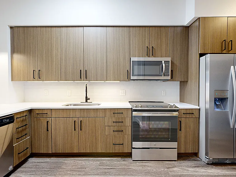 Apartment kitchen with stainless steel appliances, quartz countertops and wood-style flooring.
