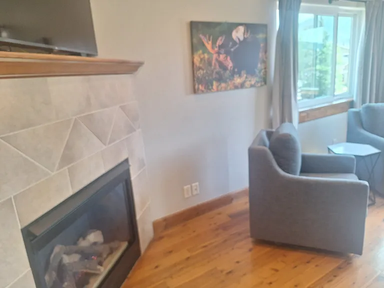 Living room with gas fireplace and 50 inch Smart television.