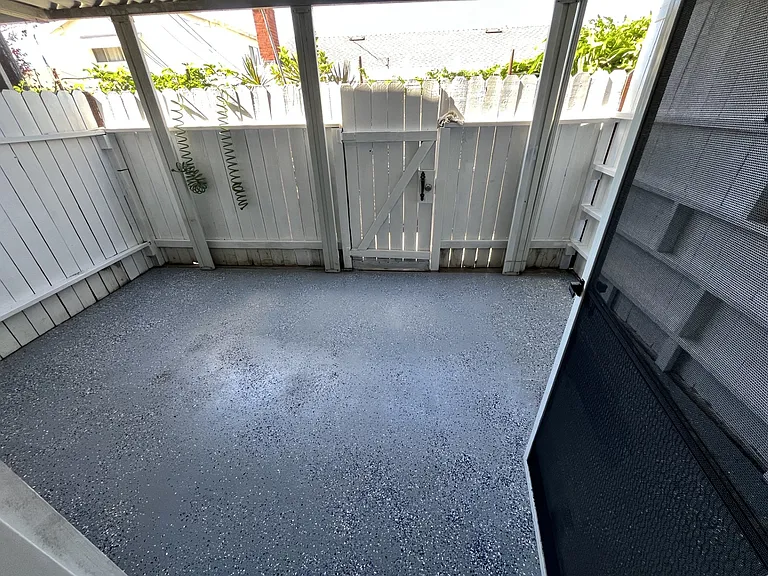private patio, apprx 150 sq ft. screen door between house and patio. sfr's beyond assoc. fence. quiet location in the back of the development.