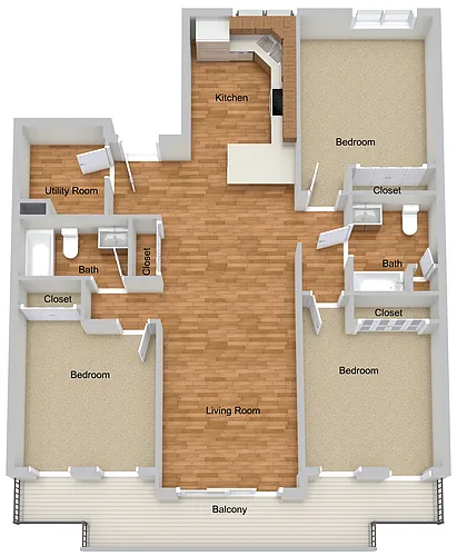 Floor plan 3 Bedroom 2 Bath With Balcony