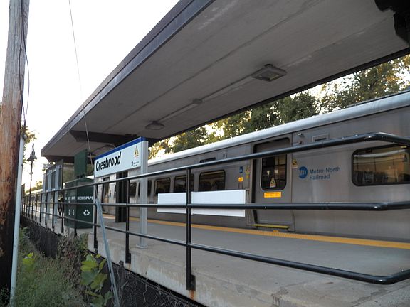 Crestwood Train Station, Tuckahoe-2.5 miles away 9 minute drive, 2.2 miles away 46 min. healthy walk. The 7:14 am gets into Grand Central at 7:45 am Metro North Railroad.