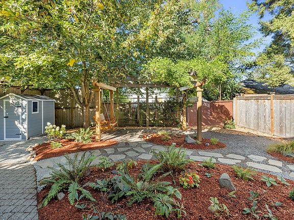 Bike shed in backyard along with ferns, scarlet begonias and halleborus.
