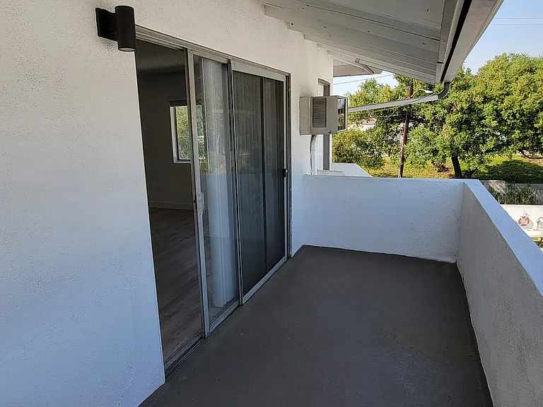Balcony of 2-bedroom apartment at the Hardison Apartments in Padadena, California.