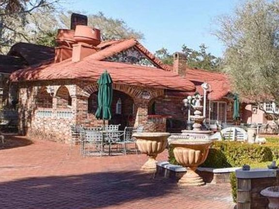 House Outside with pizza oven chairs and tables