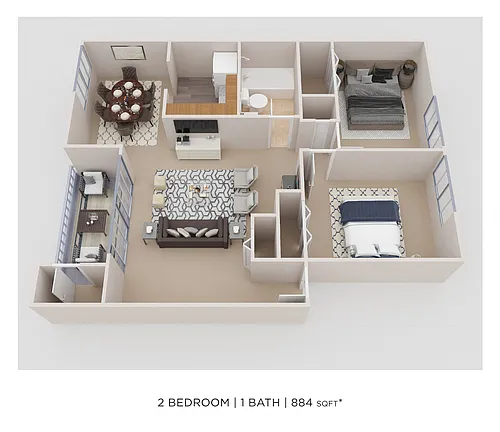Floor plan Two Bedroom - 884 sqft