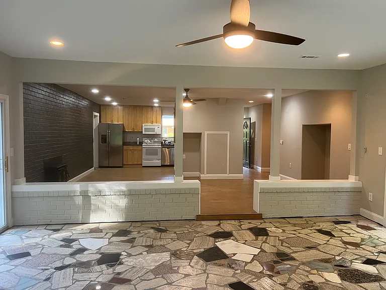 sunroom, living room, kitchen