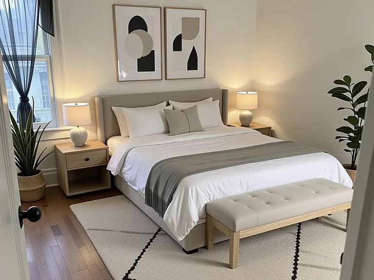 Well-appointed bedroom with a queen bed, nightstands, and a bench, plus a large window and warm wood flooring.