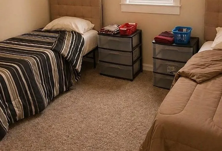 Carpeted bedroom with two twin beds, upholstered headboards, a window, and convenient nightstands for shared living.