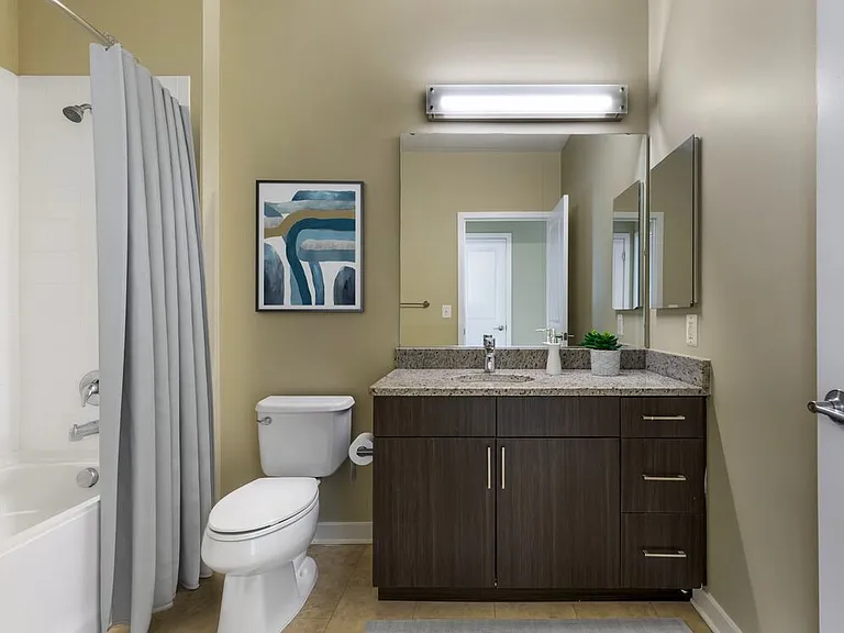 Upgraded bath with espresso cabinetry, grey speckled granite countertops, and hard surface flooring