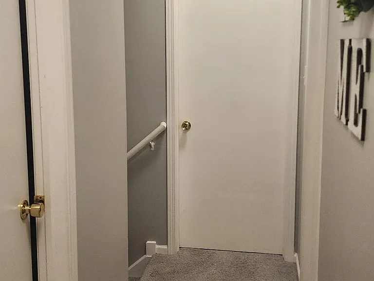 Carpeted hallway with overhead lighting and multiple doorways, offering easy access between bedrooms and shared areas.