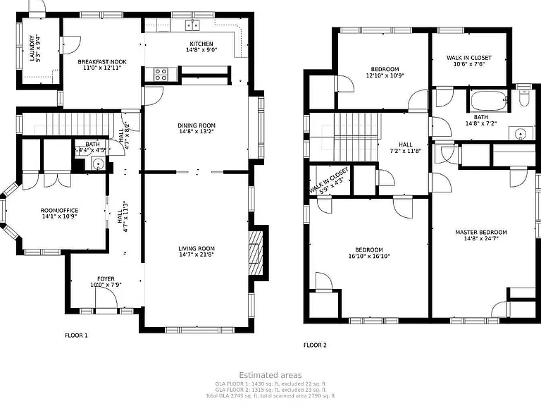 Floorplan- note the upstairs closets have been turned into an additional full bathroom with shower and bathtub, and the layout of the master bathroom has changed. The kitchen has also been renovated so it is open with an island,