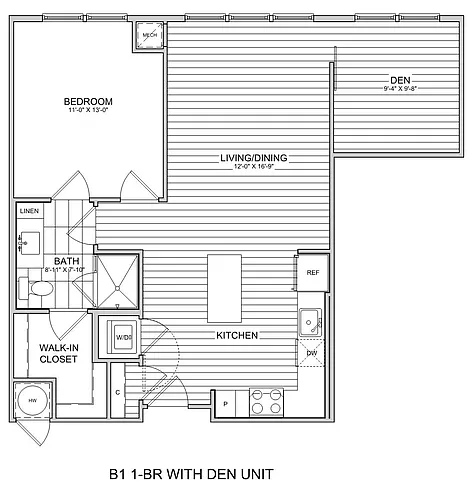 Floor plan 1 Bed/1 Bath Den-B1