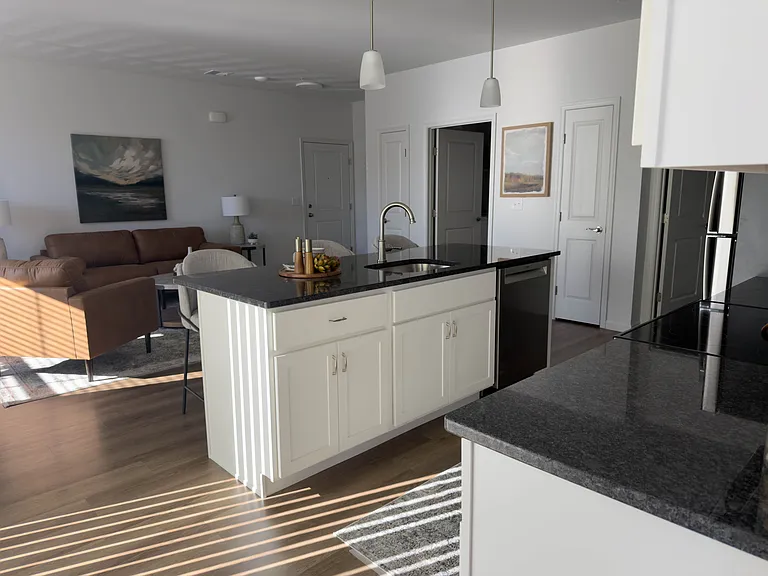 The modern kitchens at Briar Ridge Commons feature stainless steel appliances, granite countertops, and island sink and breakfast bar.