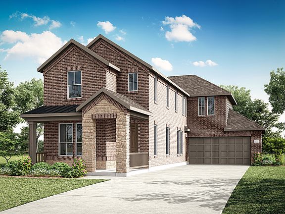 A two-story brick house with a garage, surrounded by lush greenery and a clear blue sky with fluffy