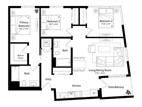 Floor plan 3D - 3 Bed 2 Bath