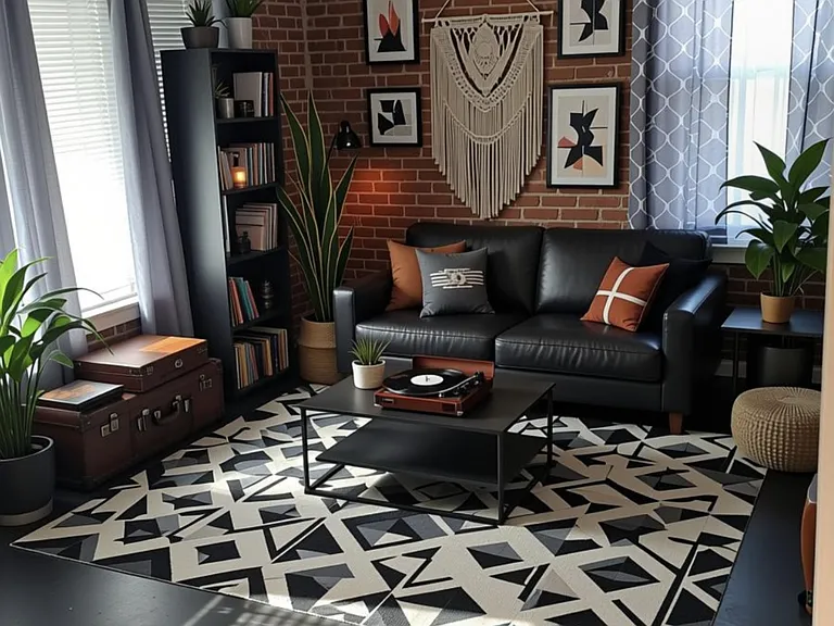 Stylish living room with seating area, coffee table, bookcase, indoor plants, and large windows with curtains.