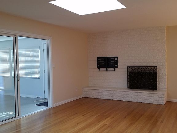 Bright living room with skylight and fireplace