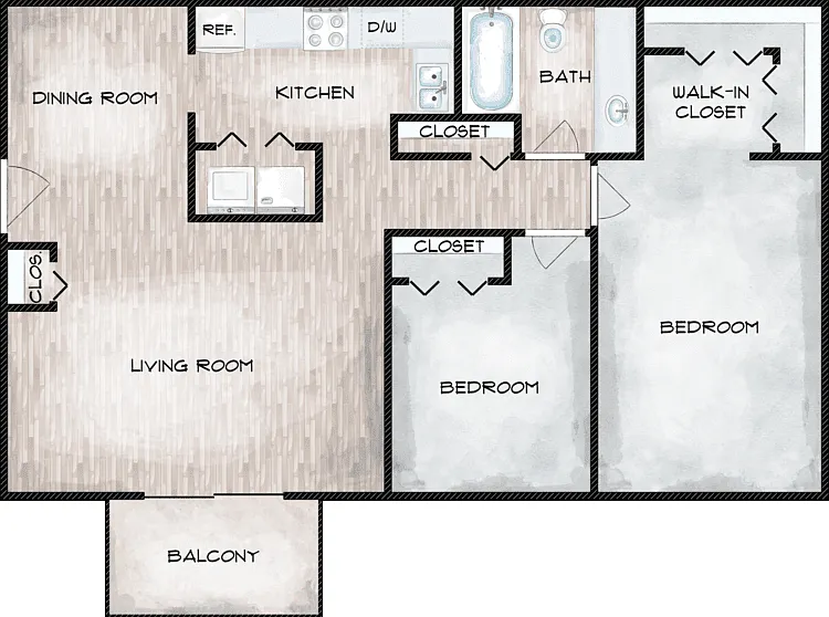 2 Bed 1 Bath Floorplan Diagram