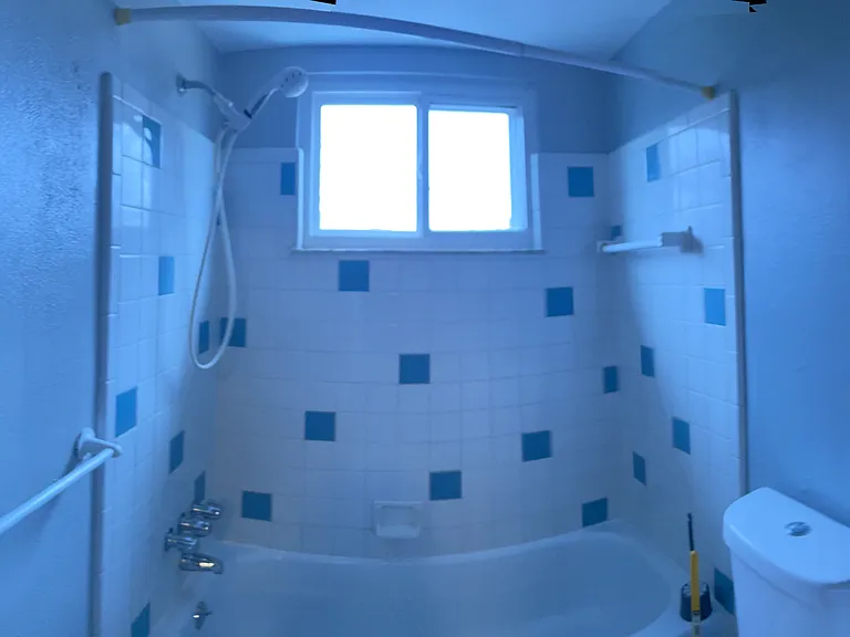Wide angle view of the bath room, dual flush toilet