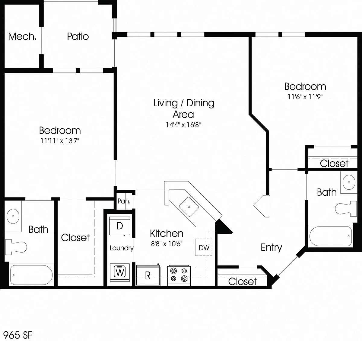 Floor plan 2BR 2BA (965sf)