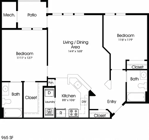 Floor plan 2BR 2BA (965sf)