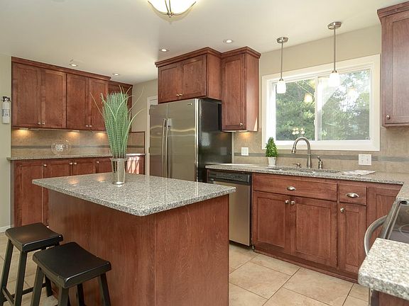 Large kitchen with stainless appliances and views of the bac