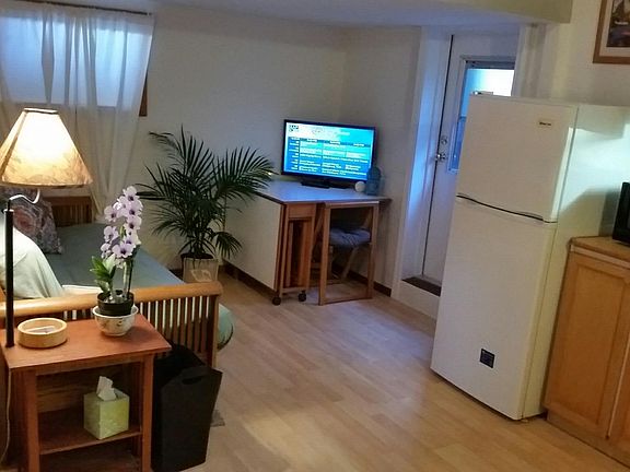 Sofa bed/futon, TV, refrigerator, induction stovetop, toaster oven, microwave, plates, pans, cups, utensils etc... move in ready.