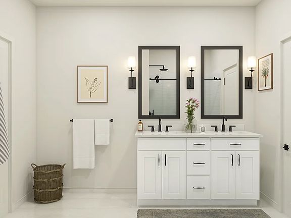 Primary bath with dual matte black mirrors