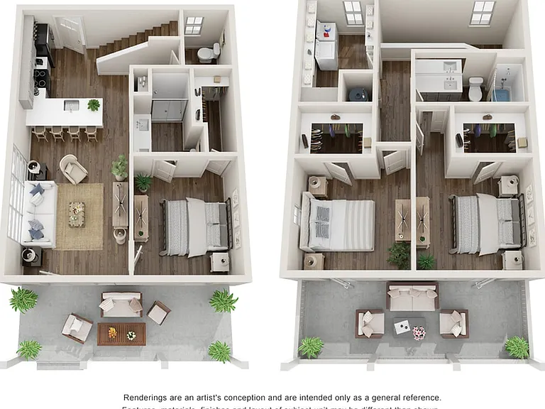 Charming 3D floor plan showcasing a modern 2-bedroom apartment with an open-concept living area, gourmet kitchen, elegant bathrooms, and a cozy balcony. Charming 3D floor plan showcasing a modern 2-bedroom apartment with an open-concept living area, gourm