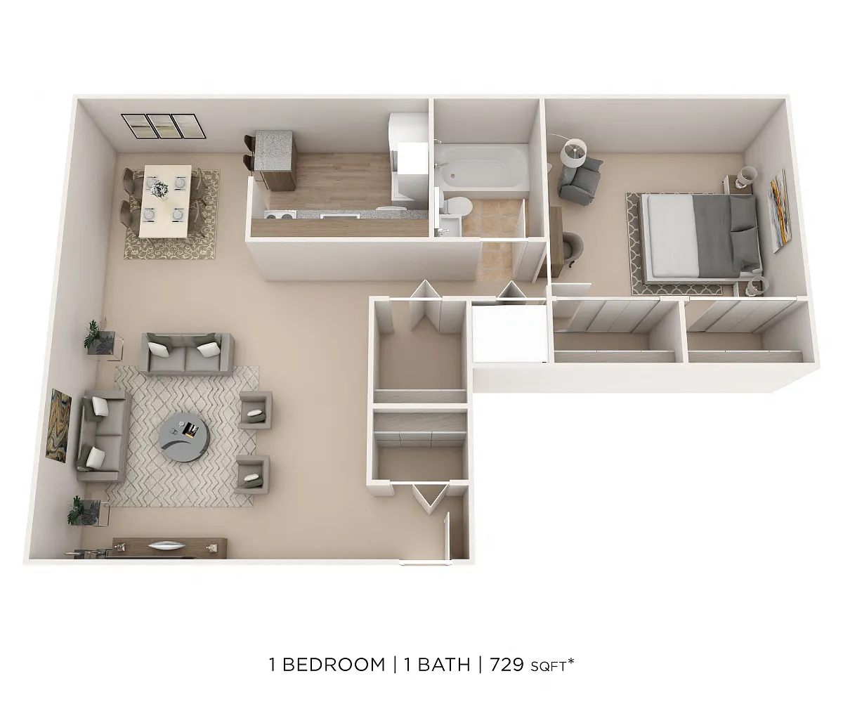 Floor plan One Bedroom- 729 sqft