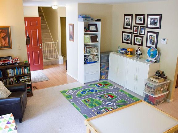 living room; front door on left and dining room on right
(entry flooring now updated - see other photos)