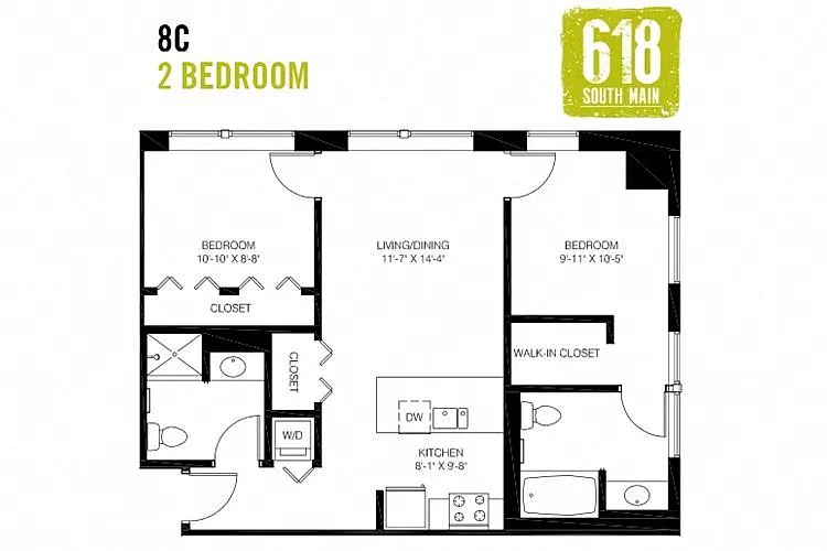 Floor plan 2 Bedroom 2 Bath 861 sq. ft.