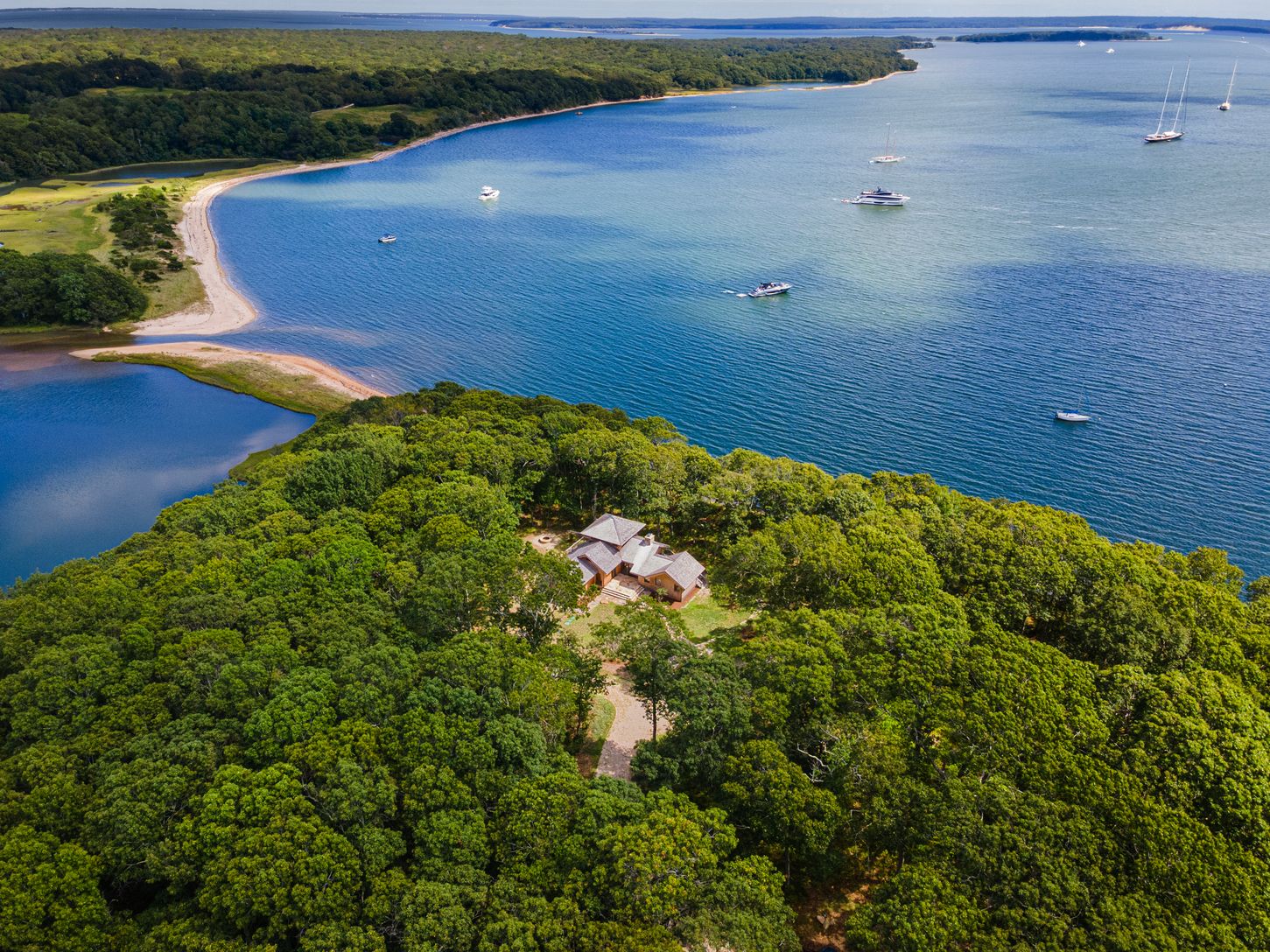  Aerial of 9.4 acre Property looking towards Mashomack Preserve and surrounding waterfront