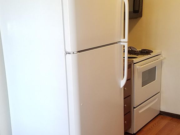 Kitchen fridge, stove, and microwave