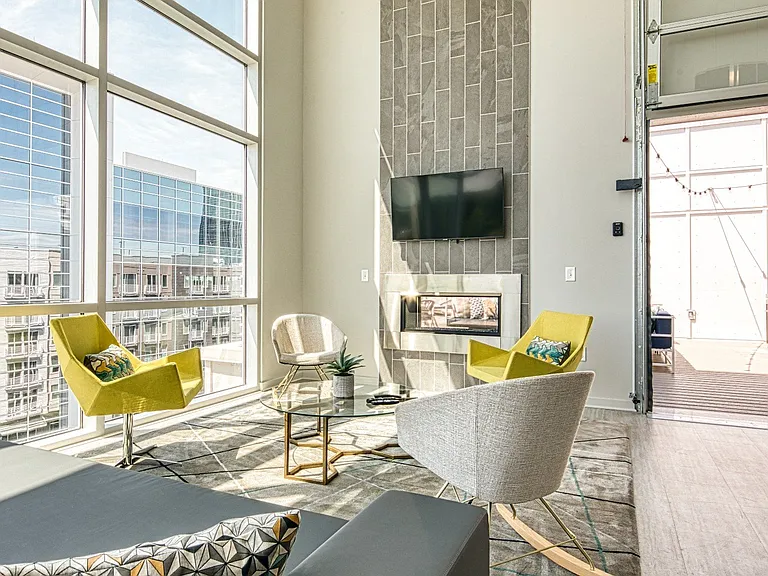 Fireplace and seating inside the Sky Lounge
