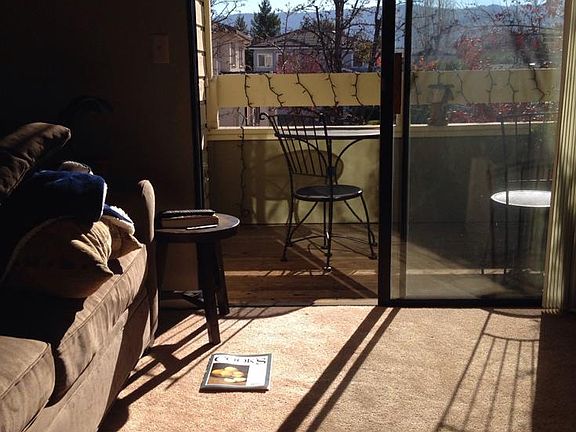 Warm Winter sunshine shown....summer- time sun does not enter room.