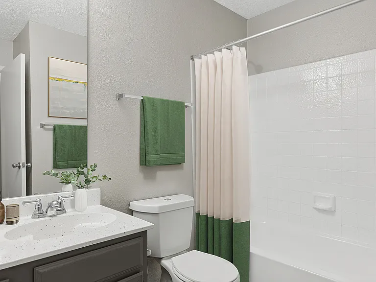 A renovated bathroom with low-flow toilet and upgraded countertops is shown.