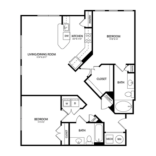 Floor plan 2 Bedroom, 2 Bath 1142 SF KC4