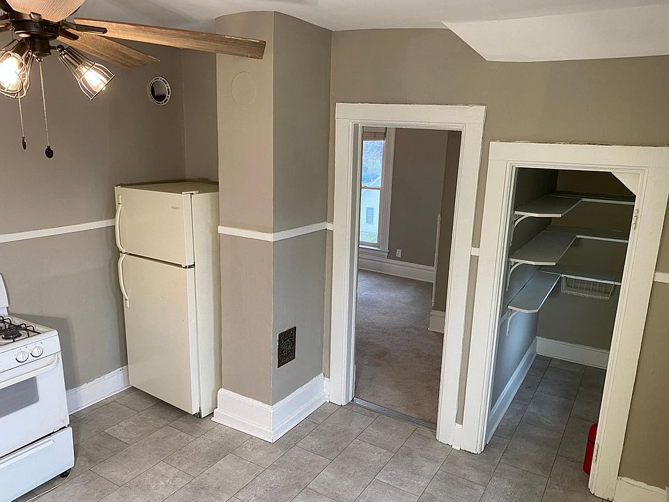 Kitchen with living room door on left and pantry on right