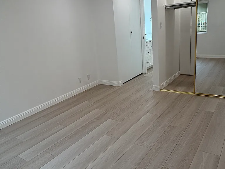 View of the walk-in closet with mirrored doors and luxury vinyl flooring.